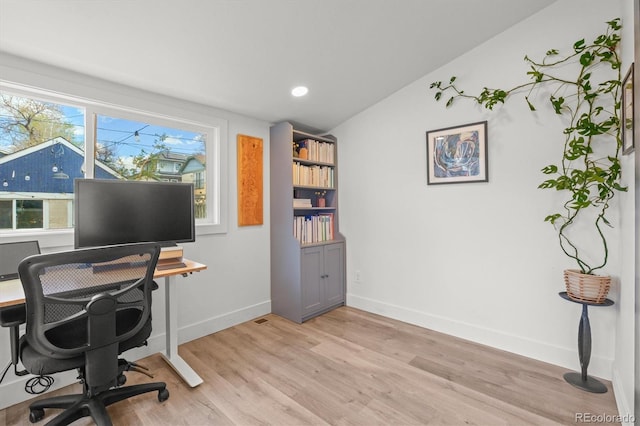 3317 W 37th Ave, Denver, CO 80211 - home office with recessed lighting, vaulted ceiling, light wood finished floors, and baseboards
