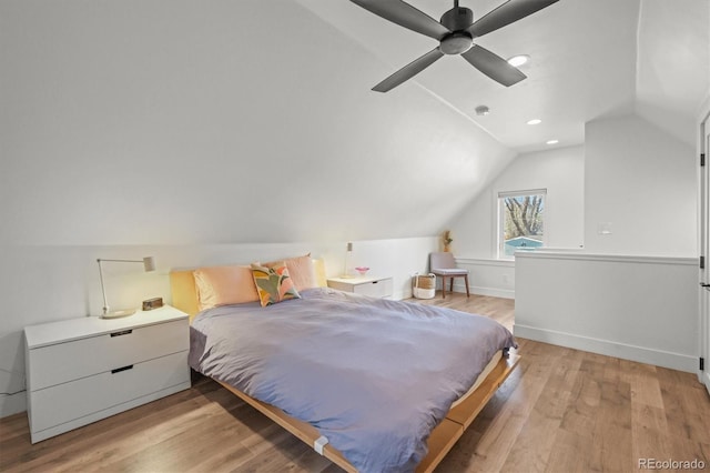 3317 W 37th Ave, Denver, CO 80211 - bedroom with baseboards, recessed lighting, light wood-style floors, lofted ceiling, and a ceiling fan