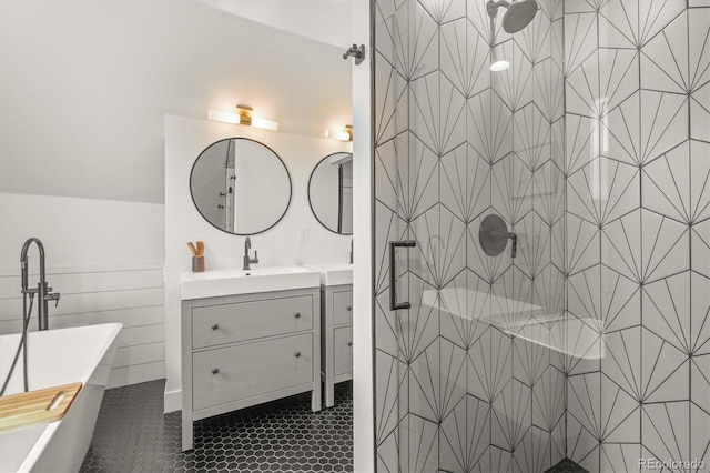 3317 W 37th Ave, Denver, CO 80211 - bathroom featuring a freestanding tub, vanity, and tiled shower