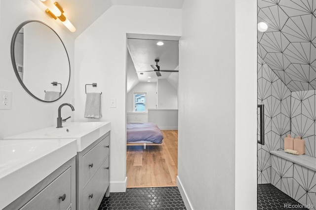 3317 W 37th Ave, Denver, CO 80211 - full bathroom featuring vaulted ceiling, baseboards, walk in shower, a ceiling fan, and vanity
