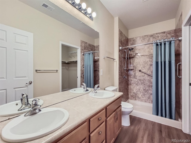 bathroom featuring a shower with shower curtain, wood-type flooring, vanity, and toilet