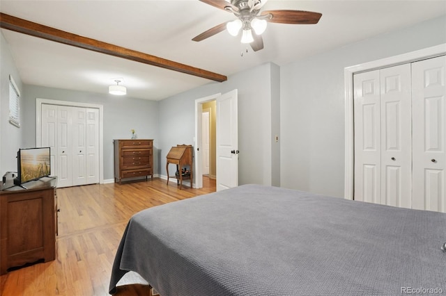 4895 S Galapago St, Englewood, CO 80110 - bedroom featuring light wood finished floors, beam ceiling, and ceiling fan