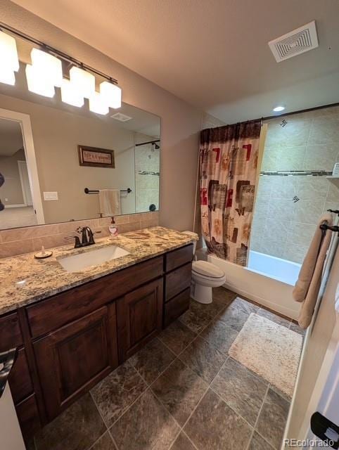 bathroom with toilet, shower / bathtub combination with curtain, visible vents, and vanity