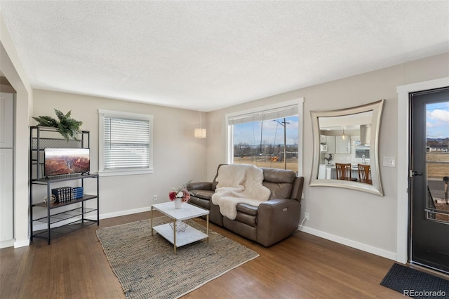 living room with a textured ceiling, wood finished floors, and baseboards