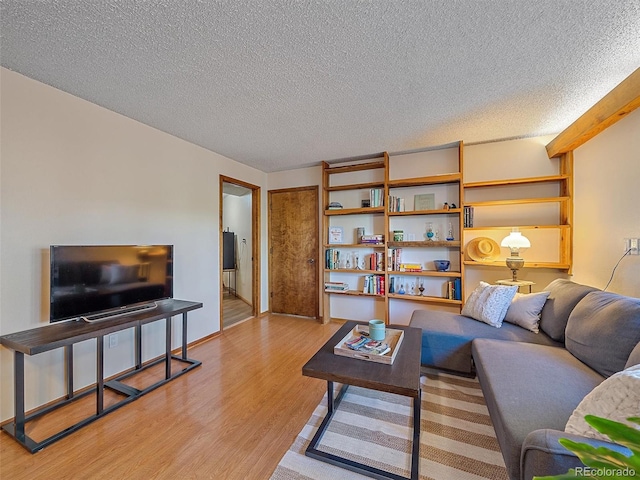 living room with light wood-type flooring and a textured ceiling