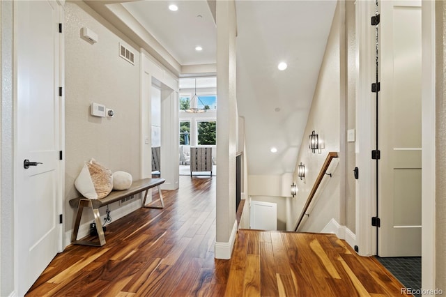 4193 W 99th Ct, Westminster, CO 80031 - corridor featuring an upstairs landing, baseboards, wood finished floors, and recessed lighting