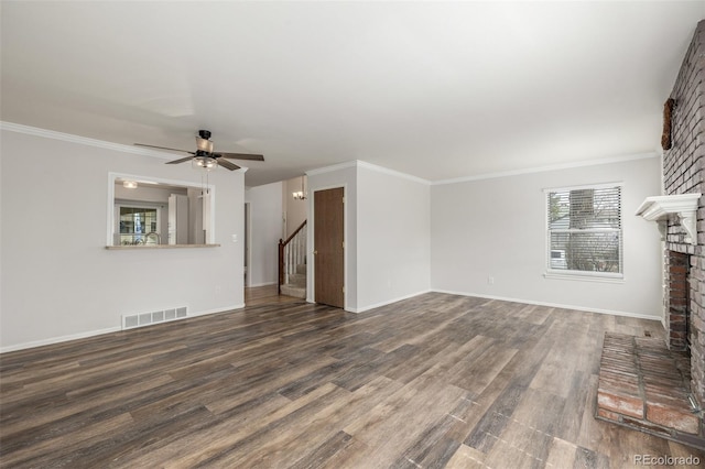5316 S Jellison St, Littleton, CO 80123 - unfurnished living room with a brick fireplace, stairs, a ceiling fan, wood finished floors, and baseboards