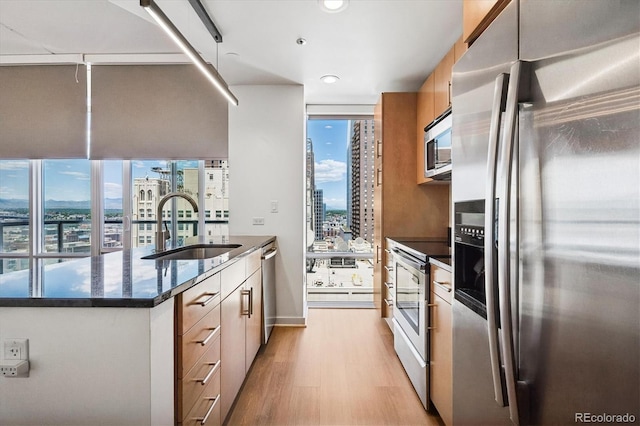 891 14th St Unit 2105, Denver, CO 80202 - kitchen with appliances with stainless steel finishes, a view of city, light wood-type flooring, recessed lighting, and modern cabinets
