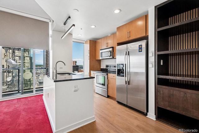 891 14th St Unit 2105, Denver, CO 80202 - kitchen with stainless steel appliances, dark countertops, recessed lighting, light wood finished floors, and a view of city