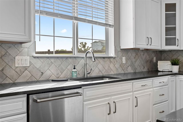 11522 Trona Ct, Parker, CO 80138 - kitchen featuring dishwasher, a sink, white cabinetry, and glass insert cabinets