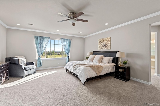 11522 Trona Ct, Parker, CO 80138 - bedroom featuring carpet floors, baseboards, recessed lighting, ornamental molding, and ceiling fan