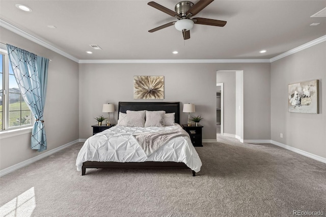11522 Trona Ct, Parker, CO 80138 - bedroom with recessed lighting, carpet floors, baseboards, ornamental molding, and ceiling fan