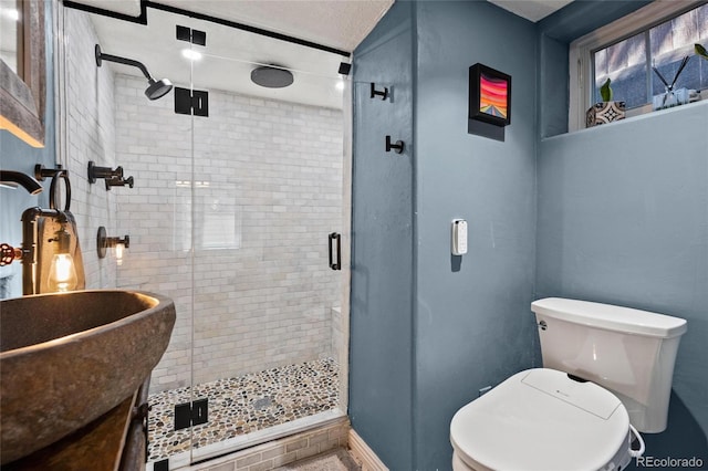full bathroom featuring a stall shower, toilet, and a sink