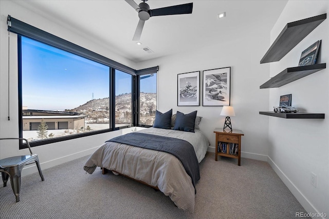 bedroom with visible vents, baseboards, a ceiling fan, carpet floors, and recessed lighting