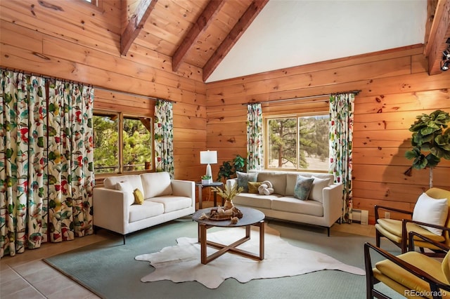 living room with lofted ceiling with beams, wooden walls, a wealth of natural light, and baseboard heating