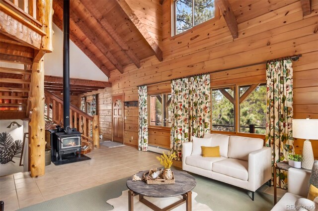 living area featuring tile patterned flooring, wood walls, beam ceiling, and high vaulted ceiling