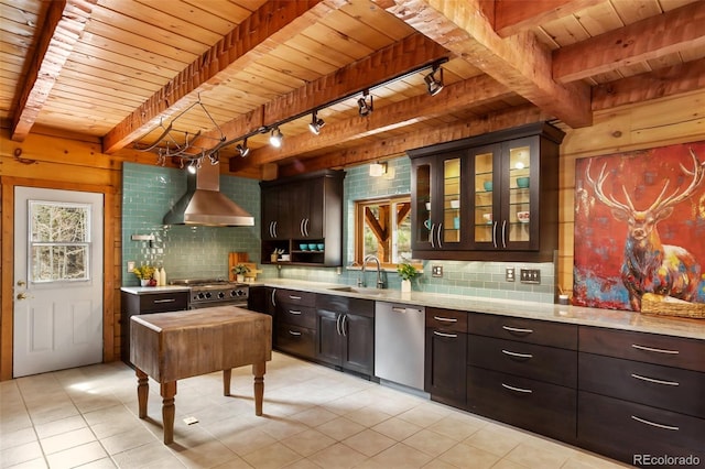 bar featuring appliances with stainless steel finishes, a sink, rail lighting, wall chimney exhaust hood, and wood ceiling