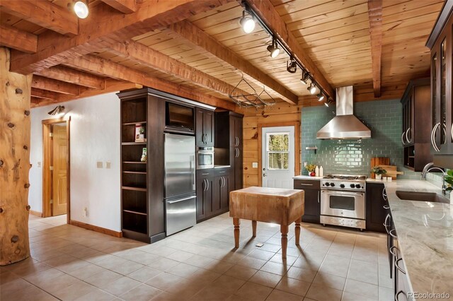 kitchen featuring ventilation hood, a sink, rail lighting, wooden ceiling, and premium appliances