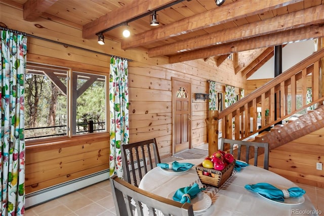 dining area with tile patterned flooring, rail lighting, wood walls, and wooden ceiling