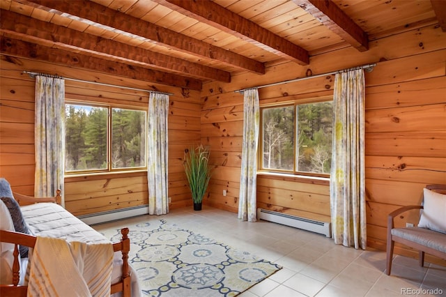 sitting room with light tile patterned flooring, a baseboard heating unit, wooden ceiling, and a healthy amount of sunlight