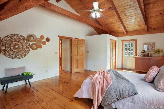bedroom featuring light wood-style floors, wood ceiling, and beam ceiling