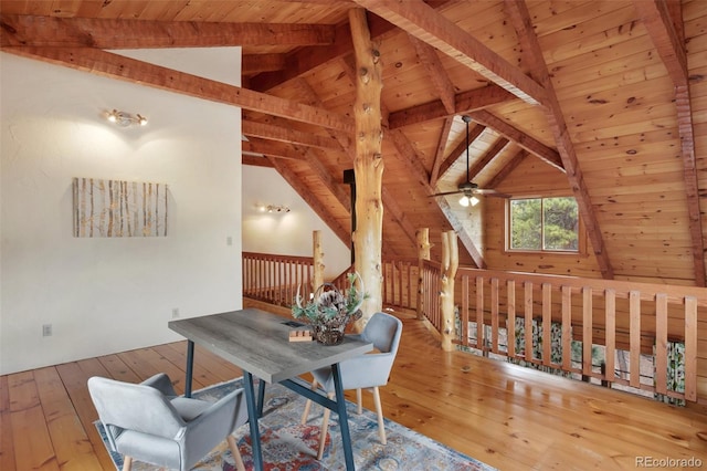 office space with wood-type flooring, a ceiling fan, lofted ceiling with beams, and wooden ceiling