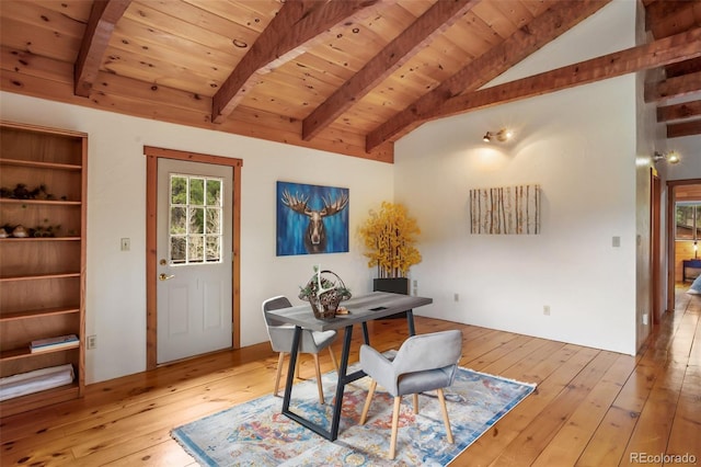 office area featuring wood ceiling, vaulted ceiling with beams, and hardwood / wood-style flooring