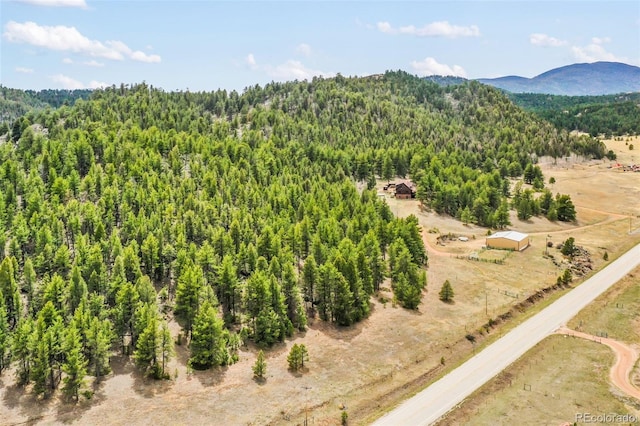 bird's eye view with a view of trees and a mountain view