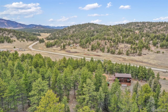 bird's eye view featuring a forest view and a mountain view