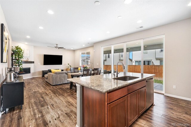 18077 E 99th Ave, Commerce City, CO 80022 - kitchen with a sink, stainless steel dishwasher, dark wood-style flooring, ceiling fan, and recessed lighting