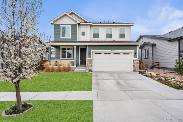 18077 E 99th Ave, Commerce City, CO 80022 - craftsman-style house featuring covered porch, board and batten siding, concrete driveway, and brick siding