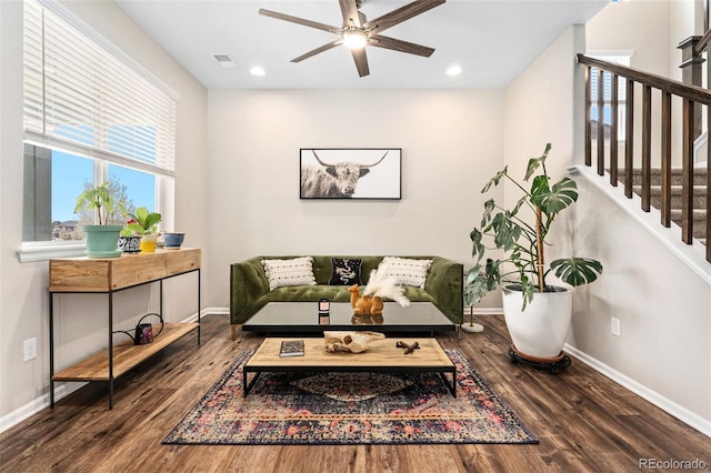 18077 E 99th Ave, Commerce City, CO 80022 - living room featuring a ceiling fan, baseboards, wood finished floors, stairs, and recessed lighting