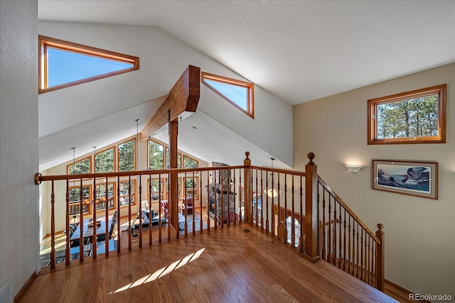 interior space featuring lofted ceiling with beams, plenty of natural light, and wood finished floors