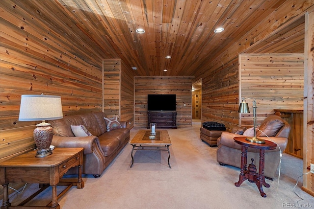 living room featuring carpet floors, wooden ceiling, wooden walls, and recessed lighting