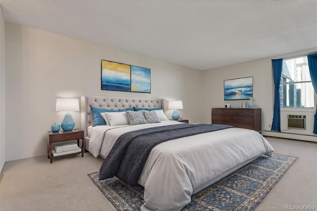 bedroom featuring cooling unit, a baseboard radiator, and carpet floors