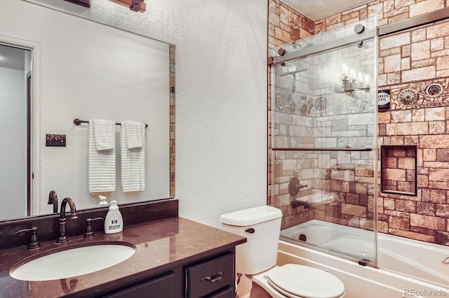 6545 Grey Eagle Ln, Colorado Springs, CO 80919 - full bathroom with toilet, a textured wall, enclosed tub / shower combo, and vanity