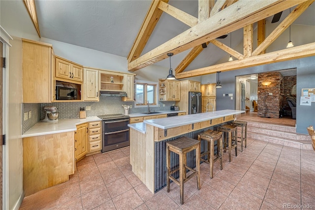 6375 Terrace Ln, Salida, CO 81201 - kitchen with appliances with stainless steel finishes, open shelves, light brown cabinetry, high vaulted ceiling, and backsplash