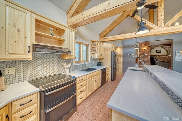 6375 Terrace Ln, Salida, CO 81201 - kitchen with stainless steel appliances, exhaust hood, open shelves, light brown cabinetry, and backsplash