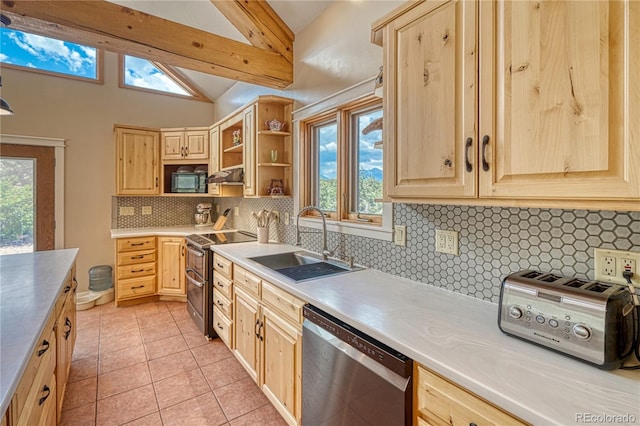 6375 Terrace Ln, Salida, CO 81201 - kitchen with stainless steel appliances, light brown cabinets, decorative backsplash, vaulted ceiling, and light tile patterned floors