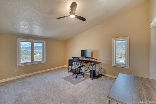 6375 Terrace Ln, Salida, CO 81201 - carpeted home office with plenty of natural light, ceiling fan, lofted ceiling, and a textured ceiling