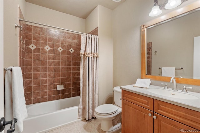 full bathroom featuring tile patterned flooring, shower / bath combination with curtain, toilet, and vanity