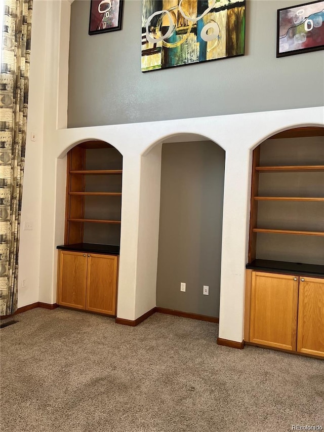 spare room featuring light colored carpet and built in features