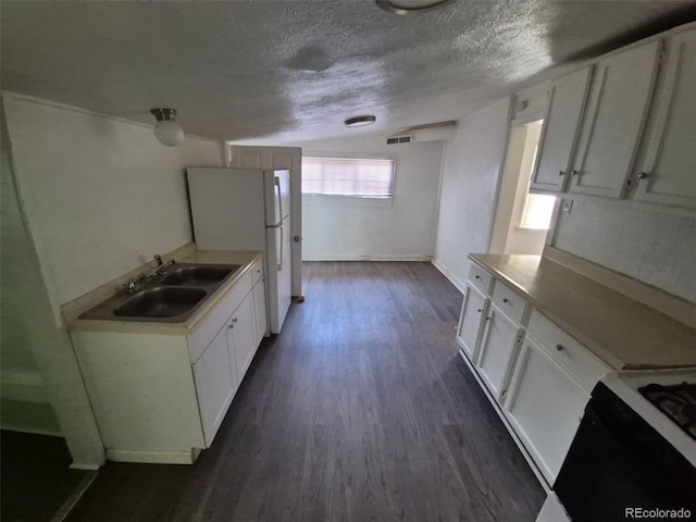 1272 N Ulster St, Denver, CO 80220 - kitchen featuring a sink, a textured ceiling, dark wood-style floors, white cabinetry, and freestanding refrigerator