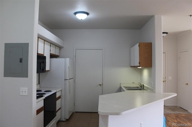 kitchen with kitchen peninsula, sink, light tile patterned flooring, electric panel, and white appliances