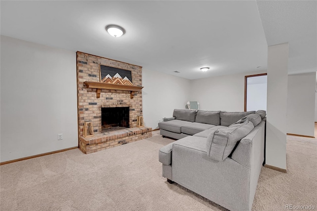living room featuring light colored carpet, baseboards, and a brick fireplace