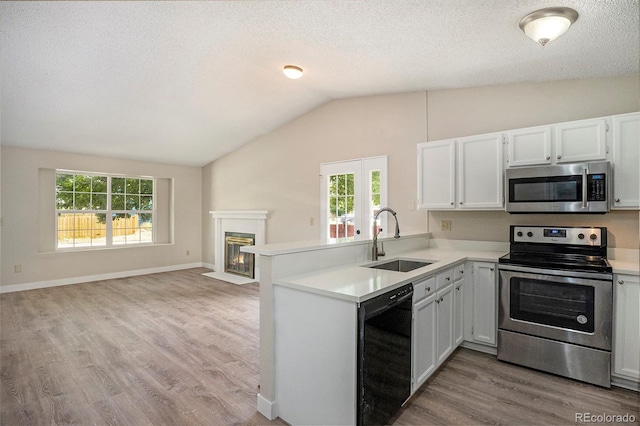 8401 Sandreed Cir, Parker, CO 80134 - kitchen featuring stainless steel appliances, vaulted ceiling, open floor plan, light countertops, and a peninsula