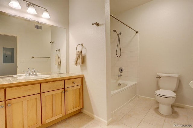 full bathroom featuring tile patterned flooring, electric panel, vanity, tiled shower / bath, and toilet