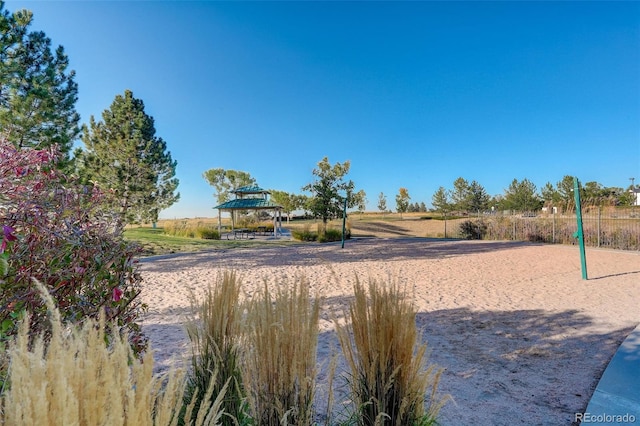 view of community featuring volleyball court and a gazebo