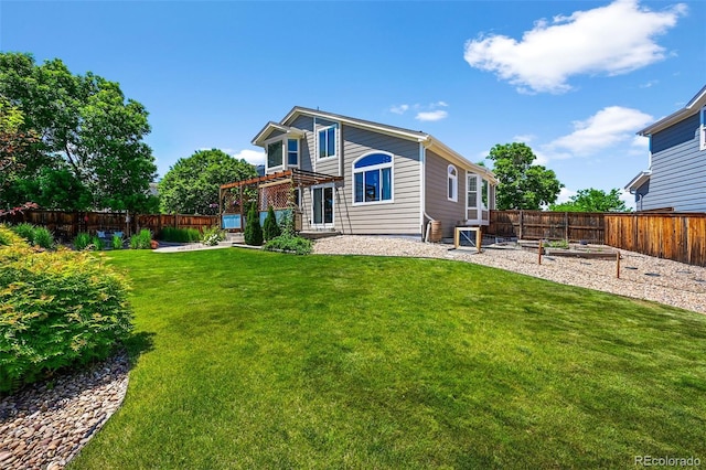 16863 Trail View Cir, Parker, CO 80134 - back of house with a fenced backyard, a garden, a patio area, and a pergola