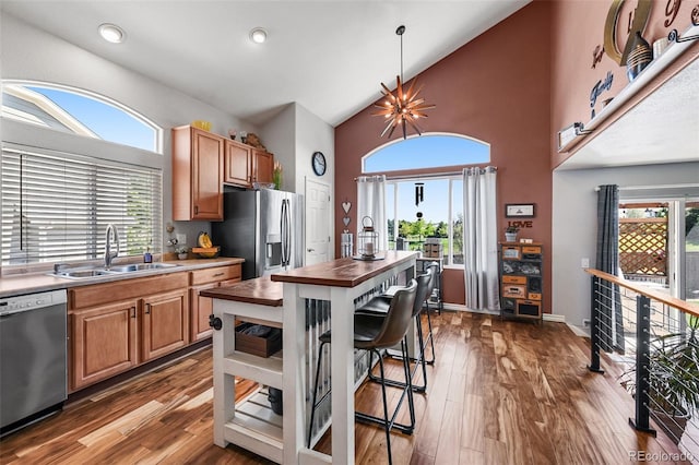 16863 Trail View Cir, Parker, CO 80134 - kitchen with stainless steel appliances, wood counters, plenty of natural light, dark wood finished floors, and high vaulted ceiling
